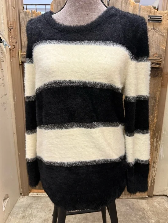 Andrew Marc Black & Cream Striped Fuzzy Crewneck Sweater - Picture 1 of 3
